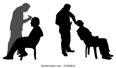 Silhouette of man having head shaved