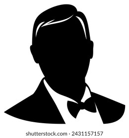 Silhouette of man head in classic suit with bow tie,, rich man. For avatars, user profiles. Designed to good fit in square and circle. Vector clipart isolated on white.