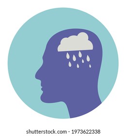 Silhouette of man head with cloud and rain, psychology and psychiatry sign. Depression, mental health weather concept. Vector flat illustration.