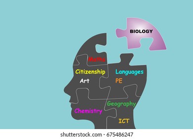 Silhouette of the man head composed of a puzzle showing school objects.