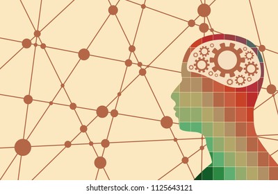 Silhouette of a man head with gear. Mental health relative brochure, report or flyer design template. Scientific medical designs. Connected lines with dots.