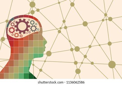 Silhouette of a man head with gear. Mental health relative brochure, report or flyer design template. Scientific medical designs. Connected lines with dots.