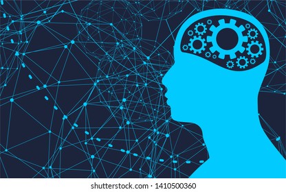 Silhouette of a man head with gear. Mental health relative brochure, report or flyer design template. Scientific medical designs. Connected lines with dots.