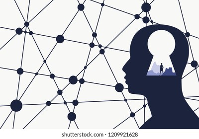 Silhouette of a man head with keyhole. Mental health relative brochure, report design template.