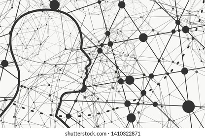 Silhouette of a man head. Mental health relative brochure, report or flyer design template. Scientific medical designs. Connected lines with dots.