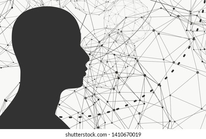 Silhouette of a man head. Mental health relative brochure, report or flyer design template. Scientific medical designs. Connected lines with dots.