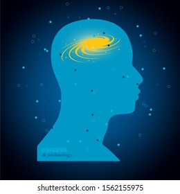 Silhouette of a man head. Mental health relative brochure, report design. Scientific medical designs. Galaxy as brains.