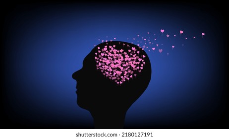 Silueta de cabeza de hombre en perfil con cerebro en forma de corazón de globos voladores sobre fondo azul. Concepto romántico. Ilustración vectorial.
