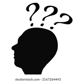 Silhouette de cabeza de hombre en perfil con tres signos de interrogación sobre su cabeza aislado sobre fondo blanco. Elemento de diseño de vectores.