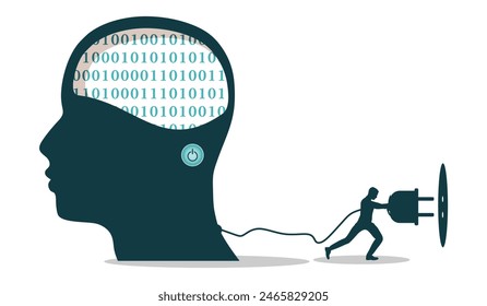 Silueta de una cabeza de hombre texturada por código binario y hombre poniendo enchufe de energía en el zócalo. Concepto científico y tecnológico. Inteligencia artificial y aprendizaje automático. Botón eléctrico