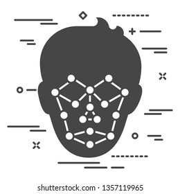 silhouette of man head view with face recognition system in trendy flat style isolated on white background