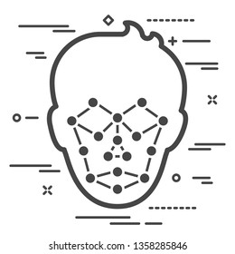 silhouette of man head view with face recognition system in trendy flat style isolated on white background