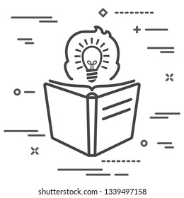 silhouette of man head view with light lamp bulb inside in trendy flat style reading big linear book icon over white background