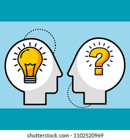 silhouette man heads bulb idea and question symbol