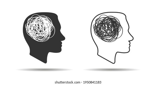 silhouette of man heads with tangled line inside, like brain. concept of chaotic thought process, confusion, personality disorder and depression