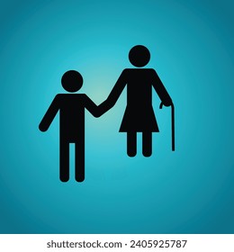 Silhouette of a man helping an old woman with walking stick