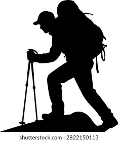 Silhouette of a man hiking with a heavy backpack and walking poles uphill
