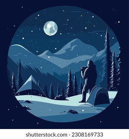 Silhouette of man hiking in winter forest, isolated