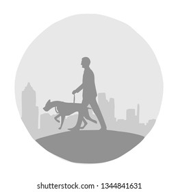 silhouette man and his dog with cityscape vector illustration with black lines isolated on white background. shade of grays. 