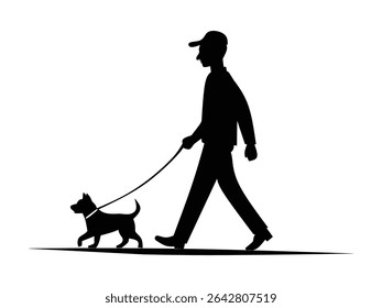 silhouette of a man with his pet dog isolated with white background	