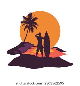 Silhouette of a man and his surfboard on the beach
