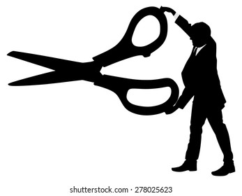 Silhouette of a man holding a big pair of scissors, vector