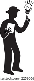 A silhouette of a man holding a document with a good idea and raising his index finger