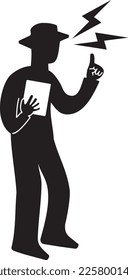 A silhouette of a man holding a document with his index finger up and shouting or getting angry