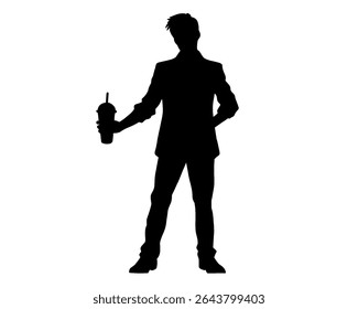 Silhouette of man holding drink cup, drink advertising model, isolated icon on white background