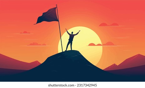 Silueta de un hombre con una bandera en la parte superior con una cordillera en el fondo. Ilustración vectorial. El concepto de ganador y triunfo motivacional. 