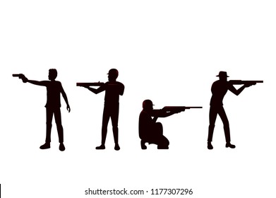 Silhouette des Mannes, die eine Waffe im Unterschied Shooting Position hält. Kollektion von Vektorillustration-Menschen mit Seitensicht