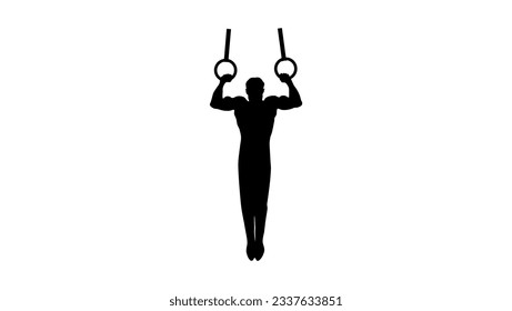 A silhouette of a man holding gymnastic rings on a white background