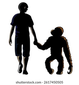 Silhouette of a Man Holding Hands with an Orangutan or monkey