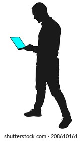 Silhouette of man holding a laptop, vector