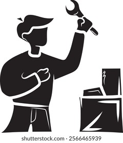 Silhouette of a man holding a repair tool in the form of a tool and beside him there is a box to be repaired with a white background, Server maintenance Silhouette