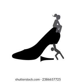 Silhouette of a man holding a shoe with a broken heel, and silhouette of a woman sitting on it