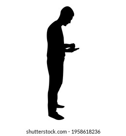 Silhouette man holding smartphone phone playing tablet male using communication tool idea looking phone addiction concept dependency from modern technologies black color vector illustration flat 