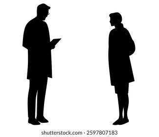 Silhouette of a man holding a tablet and a young girl with a backpack standing face to face. Represents concepts of education, mentorship, and communication