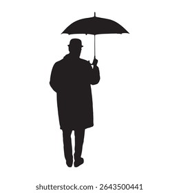 Silhouette of Man Holding Umbrella in Coat and Hat on White Background