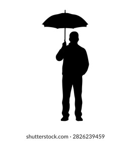 Silhouette of a man holding an umbrella, standing upright against a plain background, emphasizing shape and form in a minimalistic style.