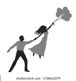 Silhouette of a man holding a woman. She is flying and holding balloons. Isolated on white. 