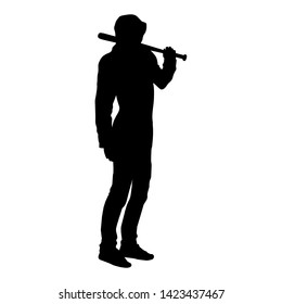 Silhouette of a man in the hood with a baseball bat, isolated on white background.