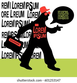 Silhouette of man, hurrying to a call, technical support, advertising services specialist, master. Vector flat Clip Art illustration for design.