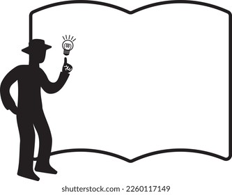 Silhouette of a man with an idea flashed in front of a large book frame