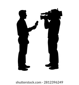 Silhouette of a man interviewing a cameraman with a video camera, capturing a media interview scene in black and white.