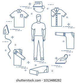 Silhouette of a man, irons and different clothes. Design for banner and print.