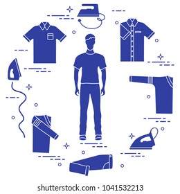 Silhouette of a man, irons and different clothes. Design for banner and print.