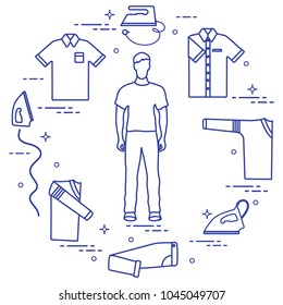 Silhouette of a man, irons and different clothes. Design for banner and print.