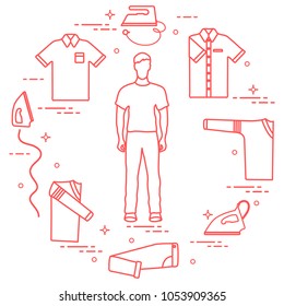 Silhouette of a man, irons and different clothes. Design for banner and print.