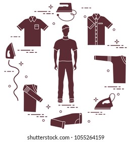 Silhouette of a man, irons and different clothes. Design for banner and print.